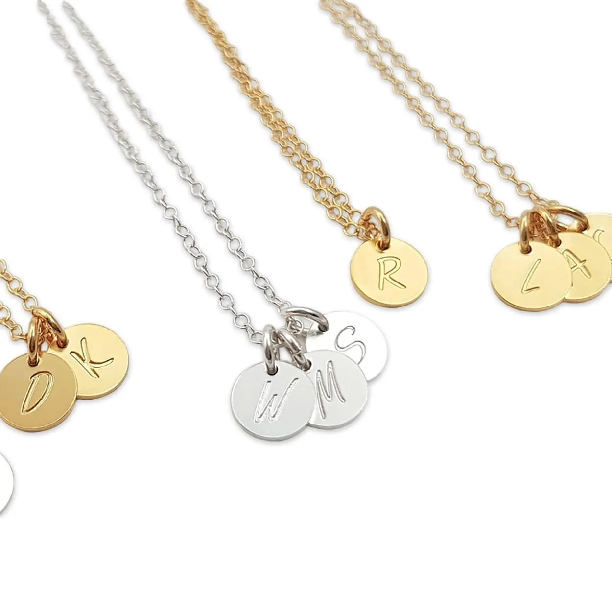 Gift for Mom - Tiny Custom Initial Necklaces - Personalized with Initials for Children's Names - Everyday Engraved Circle Tag Necklace - 925 Sterling silver, 18K Gold Filet