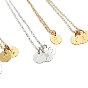 Gift for Mom - Tiny Custom Initial Necklaces - Personalized with Initials for Children's Names - Everyday Engraved Circle Tag Necklace - 925 Sterling silver, 18K Gold Filet