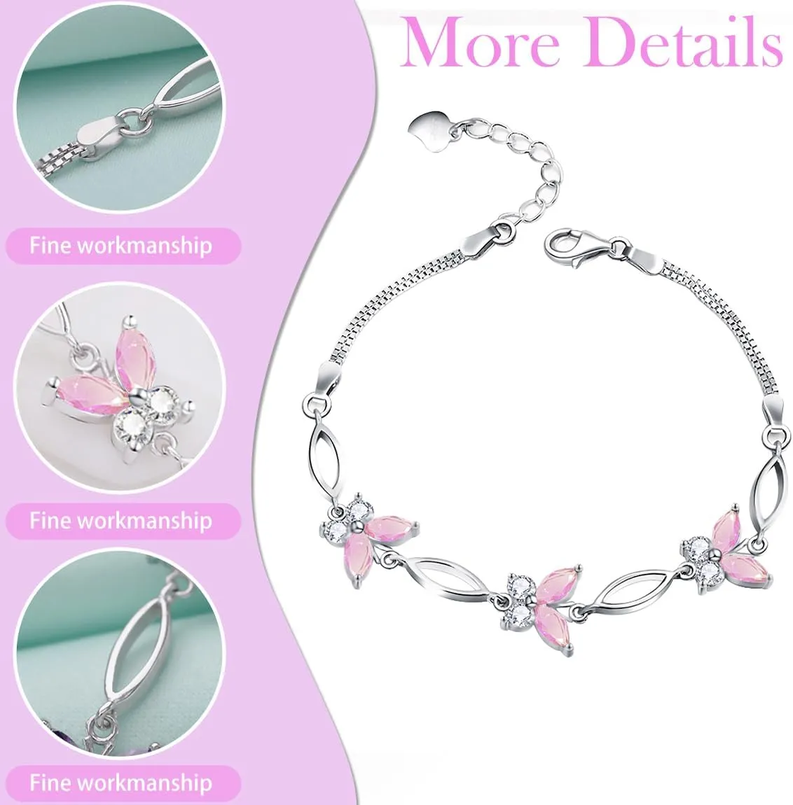 Gifts for Women S925 Sterling Silver Purple Butterfly Bracelet,Adjustable Charm Bracelets Jewelry Present for Women,Anniversary Holiday Christmas Birthday Gifts for Mother Wife Daughter