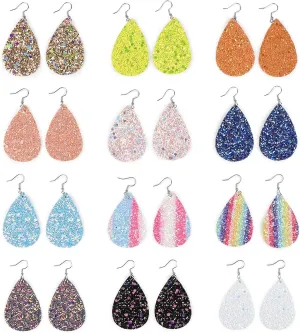 Glitter Teardrop Earrings, 12 Assorted Designs (1.5 x 2.2 In, 12 Pairs)