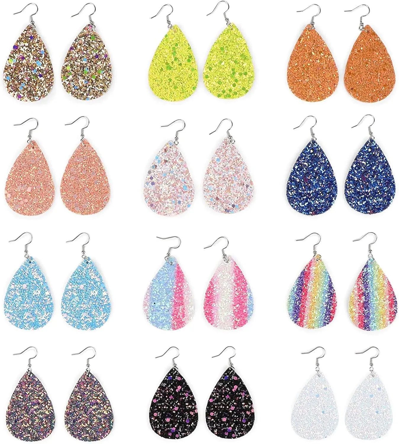 Glitter Teardrop Earrings, 12 Assorted Designs (1.5 x 2.2 In, 12 Pairs)