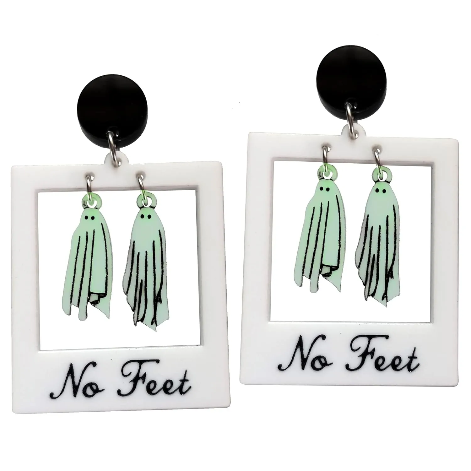 Glow In The Dark Beetlejuice Ghost Polaroid Dangle Earrings with Hypoallergenic Nickel Free Titanium Studs, Halloween Glowing Ghost Picture No Feet Goth Studs Jewelry