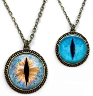 Glow in the Dark Dragon Eye Necklace, Many Custom Colors, Bronze or Silver Metal - 3D Glass Animal Cat Eyeball Pendant - Steampunk Gothic Jewelry