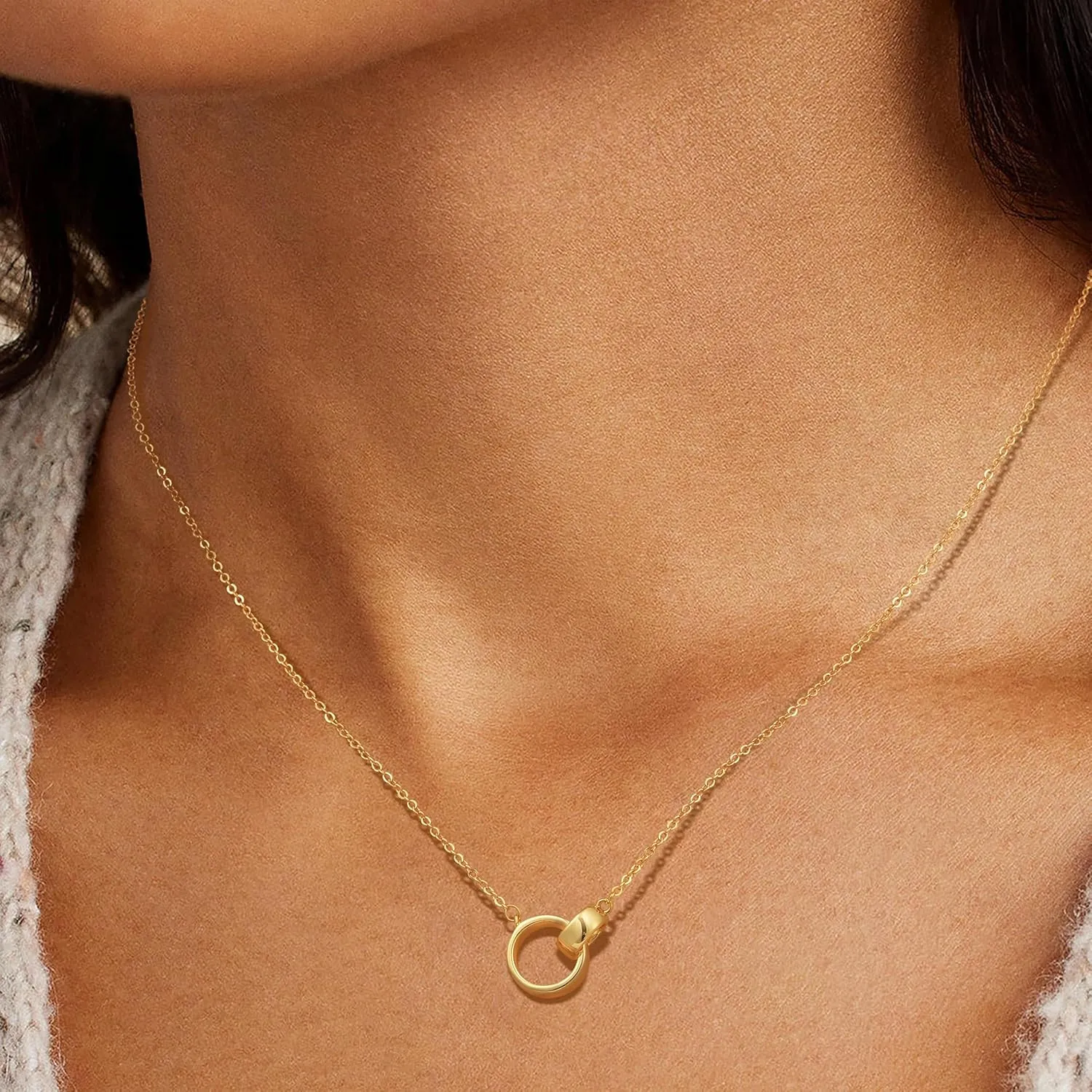 Gold Circle Pendant Necklace for Women - Interlocking Double Circle Necklace
