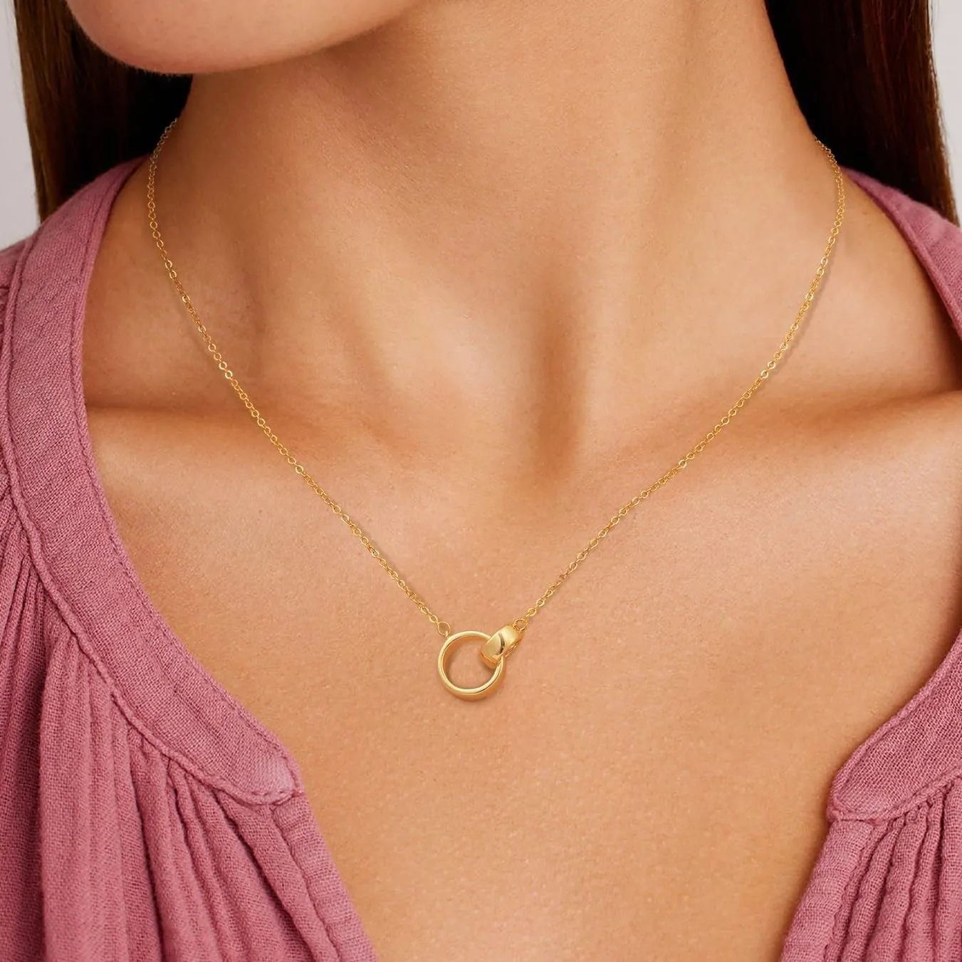 Gold Circle Pendant Necklace for Women - Interlocking Double Circle Necklace