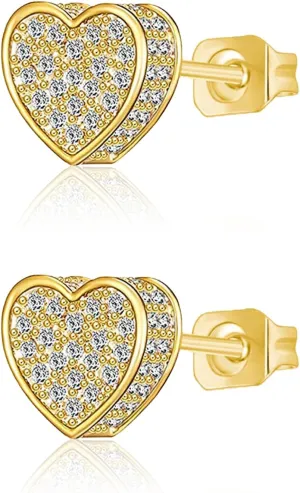 Gold Heart Earrings Studs 18K Plated Cute Heart Shaped Studs for Women with Cubic Zirconia S925 Hypoallergenic Stud Earrings Jewelry Present Suitable For Any Occasion