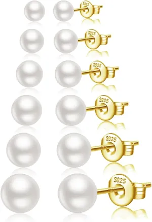 Gold Pearl Earrings for Women Dainty Gold Faux Pearl Earrings Gold Pearl Stud Earrings Hypoallergenic Pearl Earrings Set (6 Pairs)