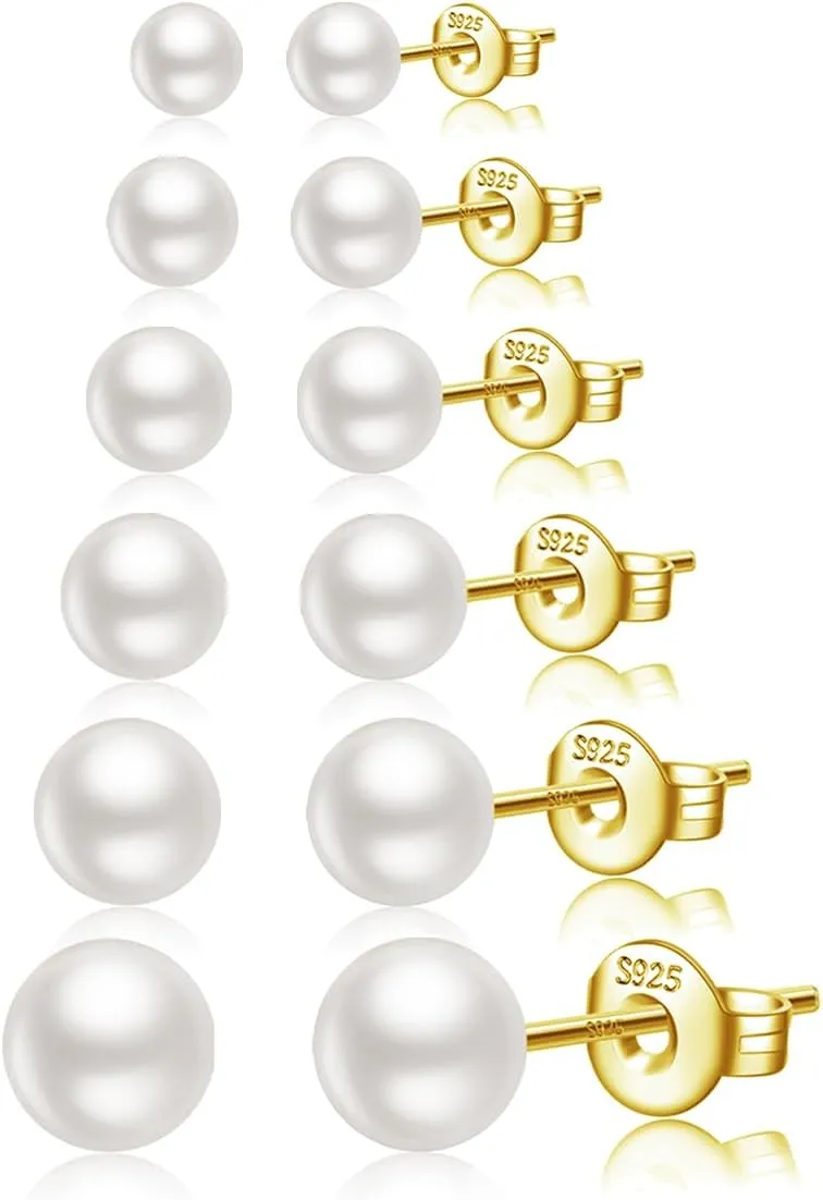 Gold Pearl Earrings for Women Dainty Gold Faux Pearl Earrings Gold Pearl Stud Earrings Hypoallergenic Pearl Earrings Set (6 Pairs)
