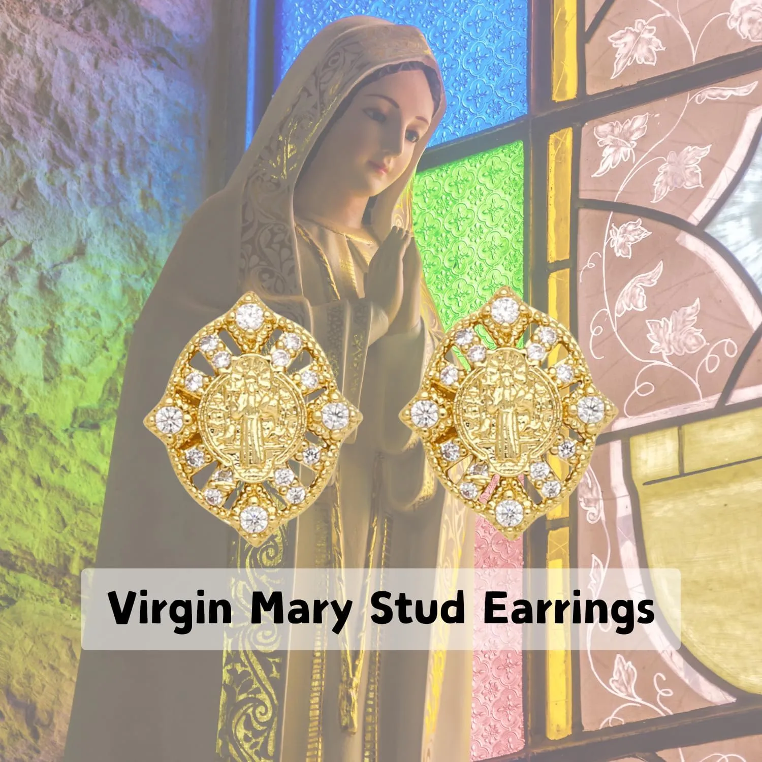 Gold-Plated Crystal Virgin Mary Stud Earrings for Women Dainty Zircon Earrings Catholicism Jewelry