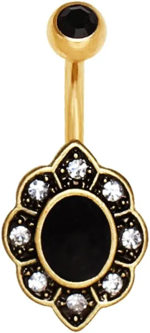 Gold Plated Elegant Black Floral Belly Button Navel Ring