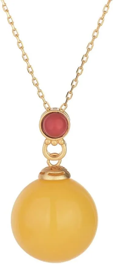 Gold Plated Necklace for Women,Imitation Beeswax Yellow Bead Pendant Necklace Elegant Jewellery Accessories with Necklace Box