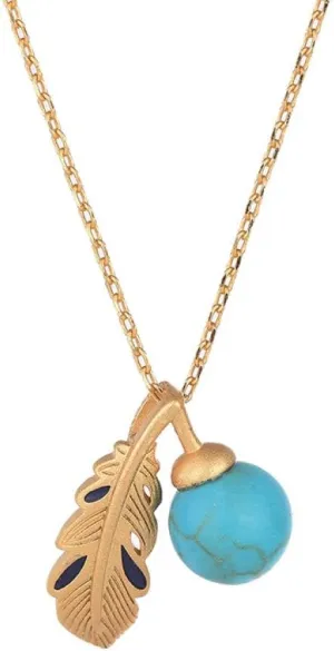 Gold Plated Necklace for Women,Imitation Turquoise Bead Feather Pendant Necklace Elegant Jewellery Accessories with Necklace Box