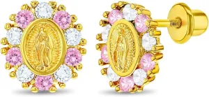 Gold Plated Our Lady of Guadalupe Cubic Zirconia Safety Screw Back Baby Earrings - Meaningful Religious Gift for Special Little Girl In Your Life - Screw-On Backs for Babies and Kids