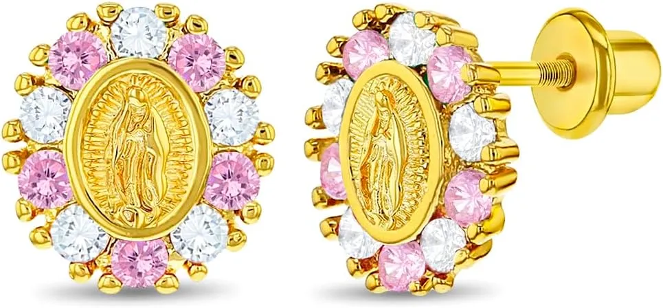 Gold Plated Our Lady of Guadalupe Cubic Zirconia Safety Screw Back Baby Earrings - Meaningful Religious Gift for Special Little Girl In Your Life - Screw-On Backs for Babies and Kids