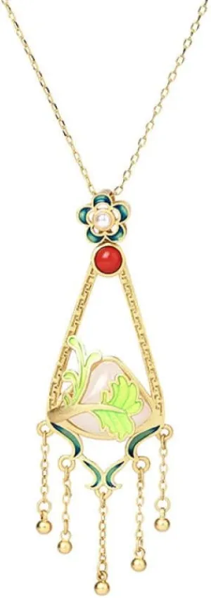 Gold Plated Tassel Necklace for Women,Elegant Pendant Necklace Imitation Jade Jewellery Accessories with Necklace Box