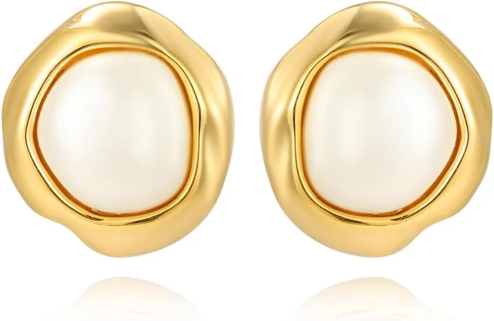 Gold Statement Pearl Stud Earrings for Women, Trendy Geometric Hypoallergenic Earring Jewelry Gift