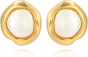 Gold Statement Pearl Stud Earrings for Women, Trendy Geometric Hypoallergenic Earring Jewelry Gift