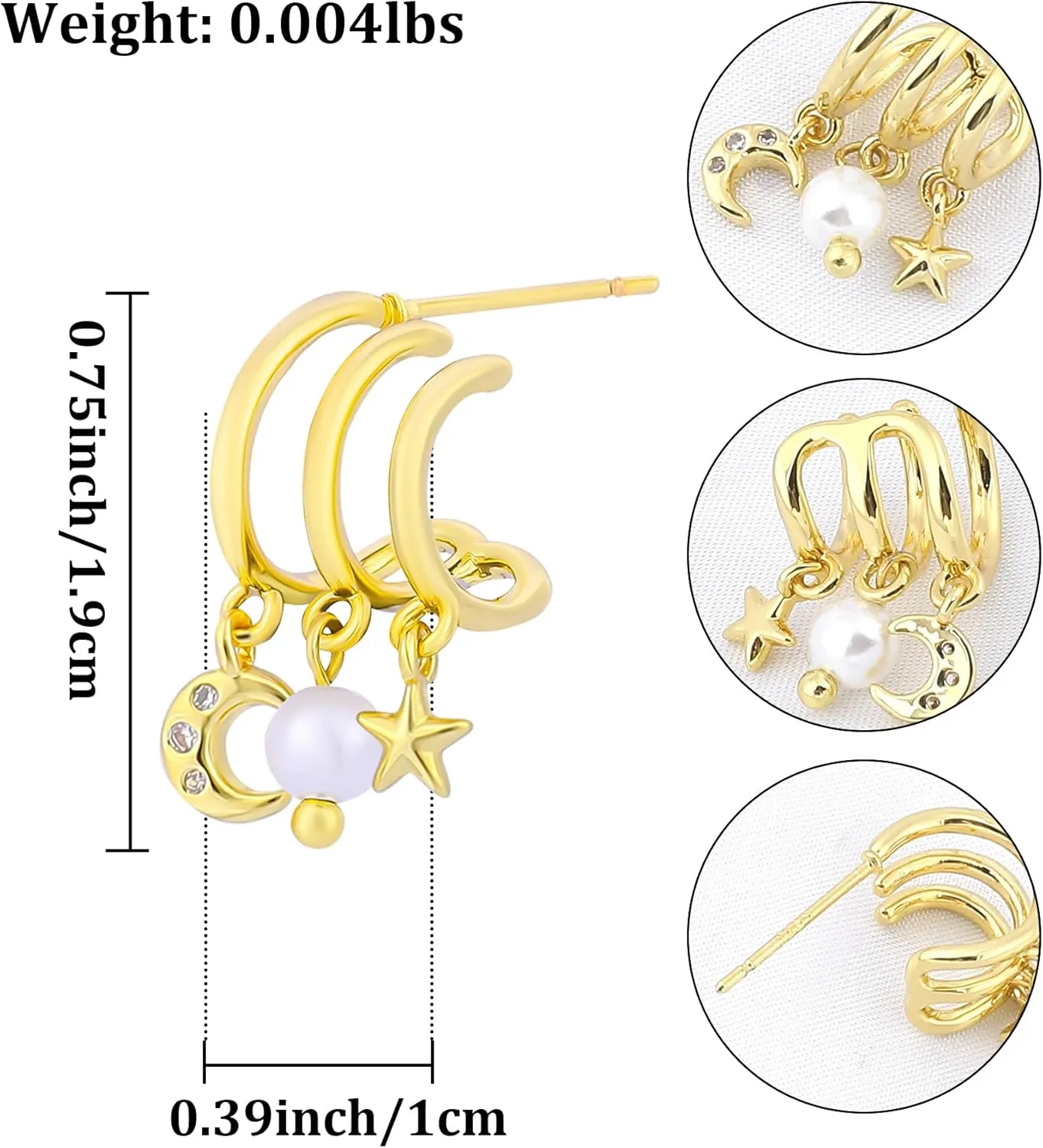 Gold Triple Stud Earrings for Women,14K Gold Plated Rose Cubic Zirconia Cross Butterfly Four-Leaf Clover Heart Moon Star Pearl Pearl Spiral Twist Earrings, Jewelry Gift Perfect for Daily Wear