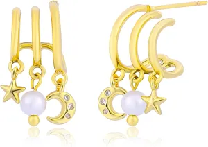 Gold Triple Stud Earrings for Women,14K Gold Plated Rose Cubic Zirconia Cross Butterfly Four-Leaf Clover Heart Moon Star Pearl Pearl Spiral Twist Earrings, Jewelry Gift Perfect for Daily Wear