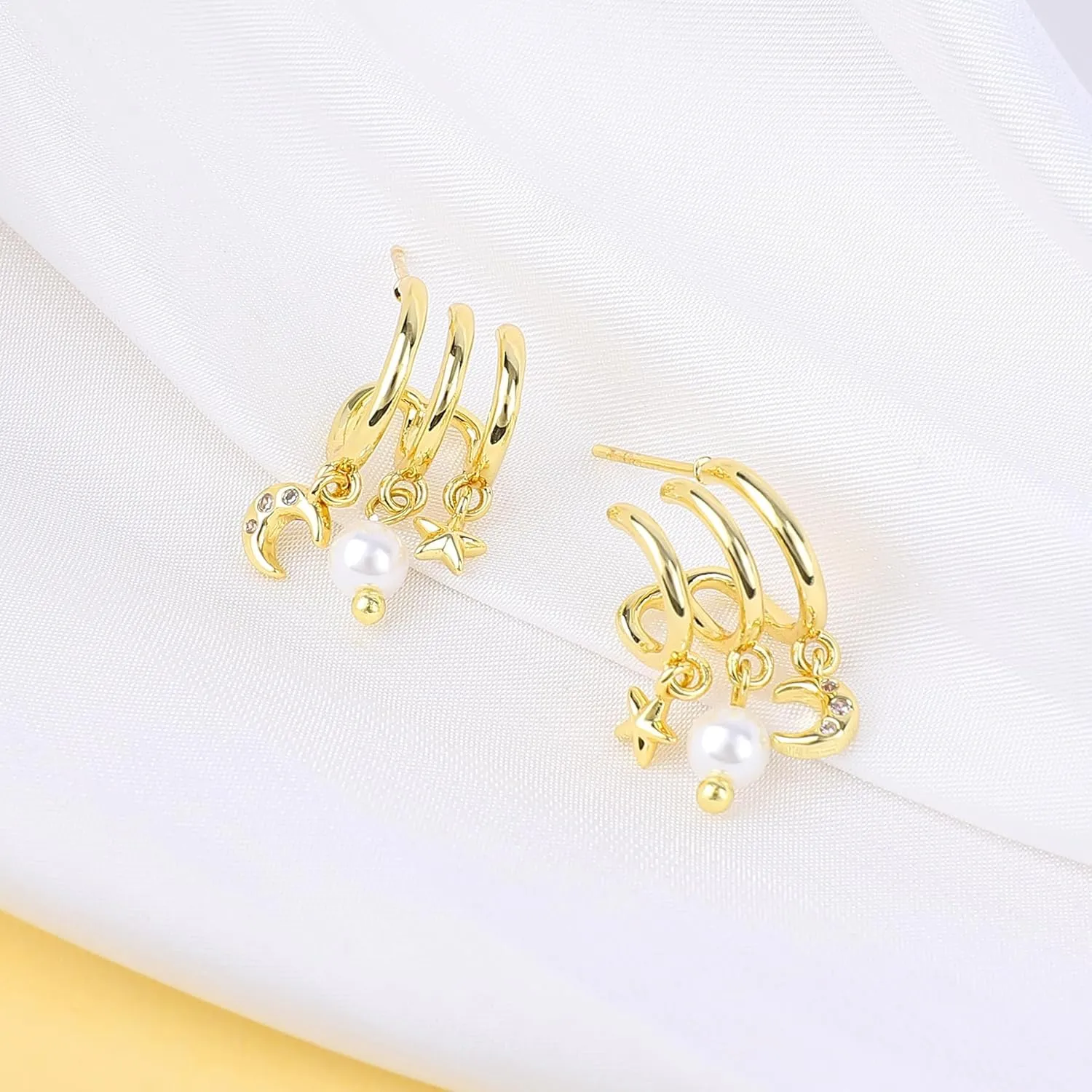 Gold Triple Stud Earrings for Women,14K Gold Plated Rose Cubic Zirconia Cross Butterfly Four-Leaf Clover Heart Moon Star Pearl Pearl Spiral Twist Earrings, Jewelry Gift Perfect for Daily Wear