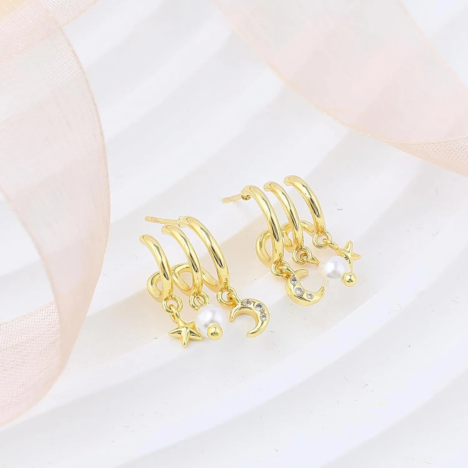 Gold Triple Stud Earrings for Women,14K Gold Plated Rose Cubic Zirconia Cross Butterfly Four-Leaf Clover Heart Moon Star Pearl Pearl Spiral Twist Earrings, Jewelry Gift Perfect for Daily Wear