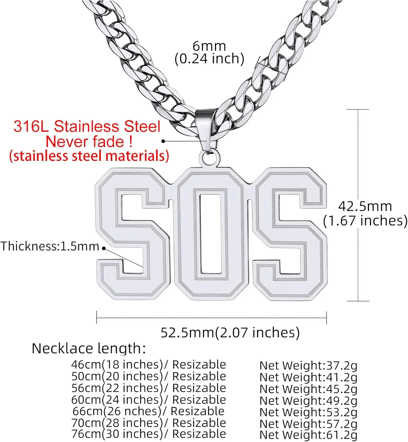 GoldChic Custom Name Necklace for Sports Men Athletes, Mens Personalized Initial letter Necklaces, Large Alphabet Pendant with 4mm Cuban Chain