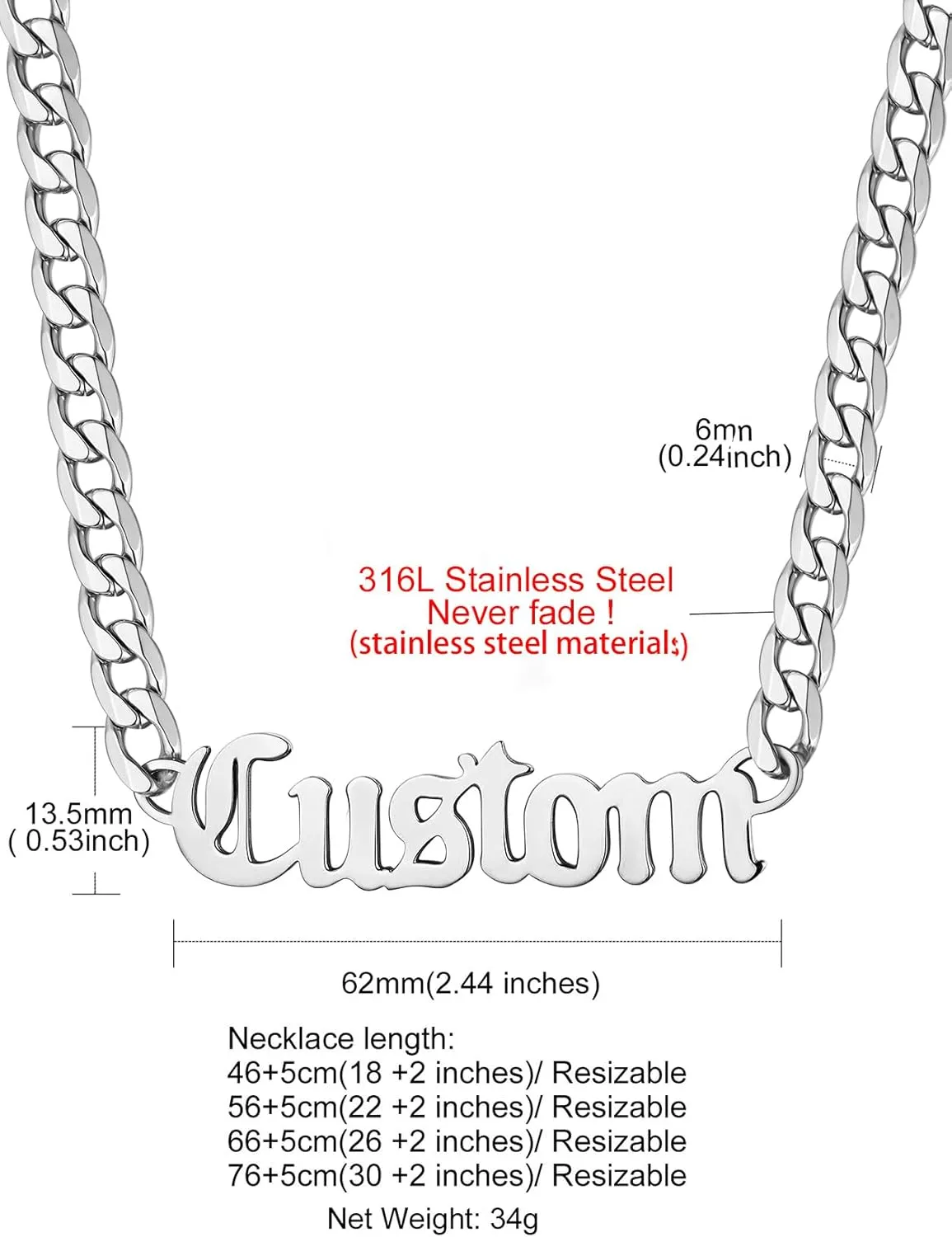 GOLDCHIC JEWELRY Name Necklace Personalized for Men, Womens Custom Name Plate Chain, Stainless Steel Customized Old English Nameplate Choker with Curb Chains Custom, 16 inches to 30 inches