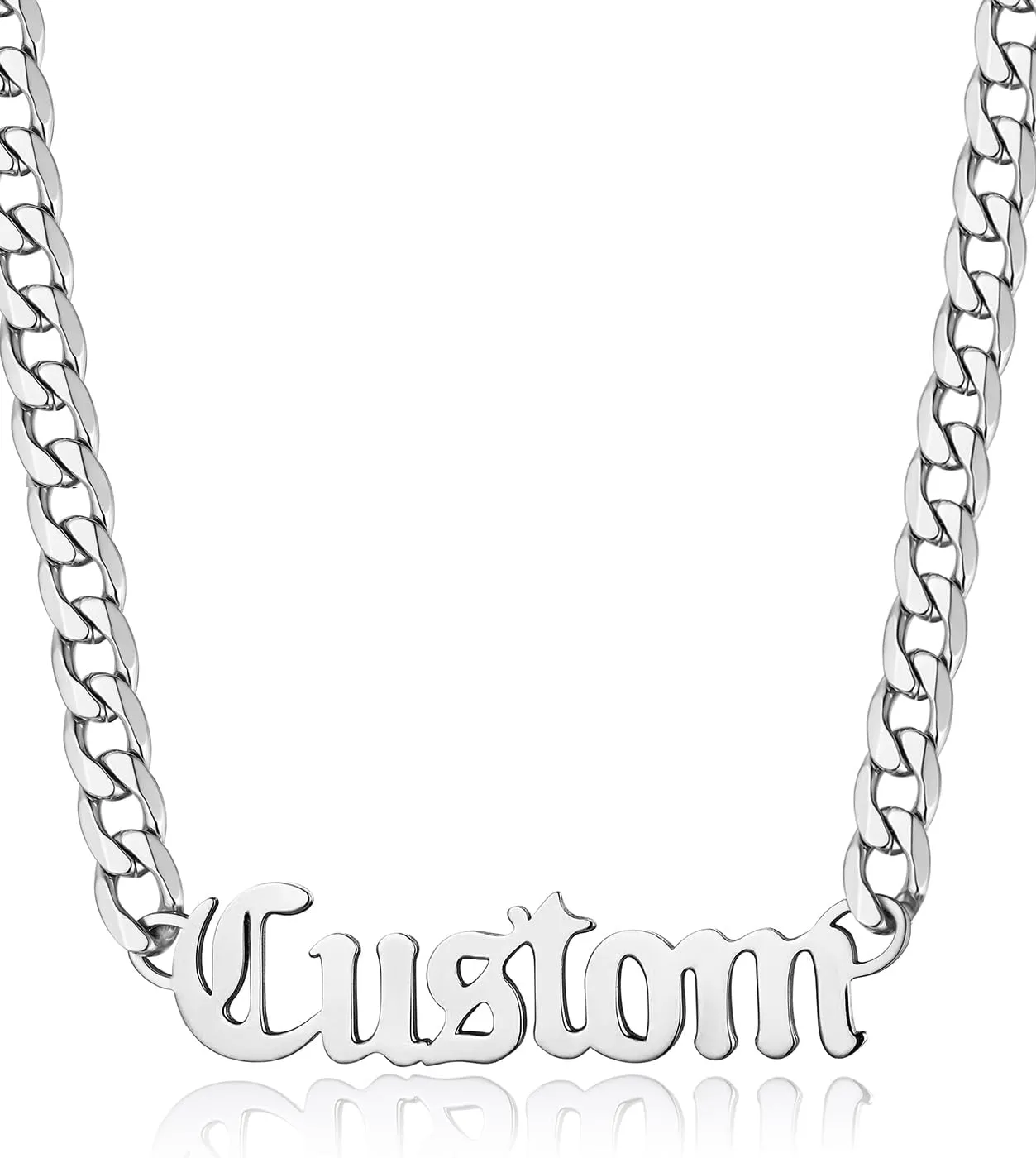 GOLDCHIC JEWELRY Name Necklace Personalized for Men, Womens Custom Name Plate Chain, Stainless Steel Customized Old English Nameplate Choker with Curb Chains Custom, 16 inches to 30 inches
