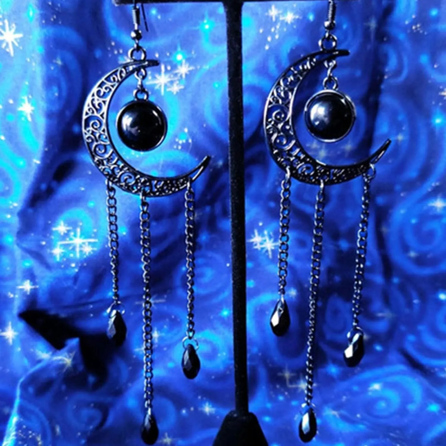 Goth Witch Moon Crystal Necklace - Black Vintage Crescent Necklace - Punk Style Gothic Jewelry Gift for Women