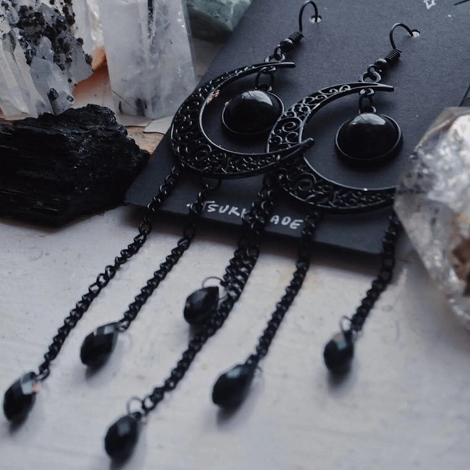 Goth Witch Moon Crystal Necklace - Black Vintage Crescent Necklace - Punk Style Gothic Jewelry Gift for Women