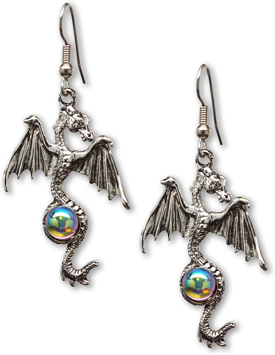 Gothic Dragon Dangle Earrings Silver Finish Pewter Mystical Jewelry