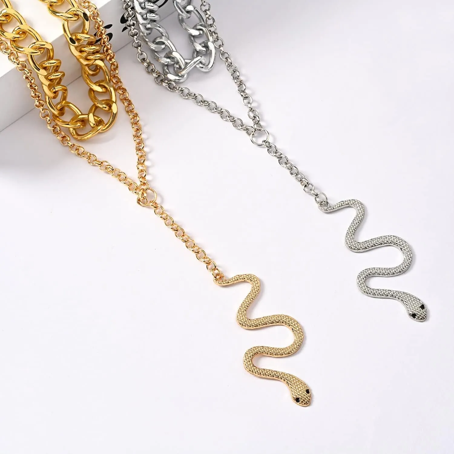 Gothic Snake Pendant Multilayered Punk Chunky Vintage Animal Necklace Bohemian Dainty Cuban Chain Statement Cool Choker Unisex Jewelry for Women Men