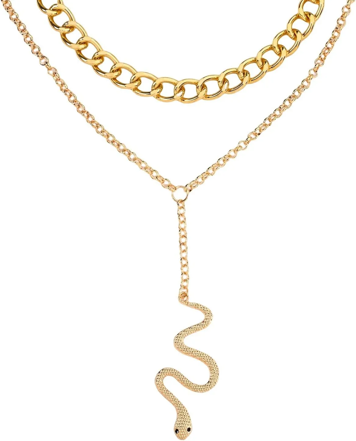 Gothic Snake Pendant Multilayered Punk Chunky Vintage Animal Necklace Bohemian Dainty Cuban Chain Statement Cool Choker Unisex Jewelry for Women Men