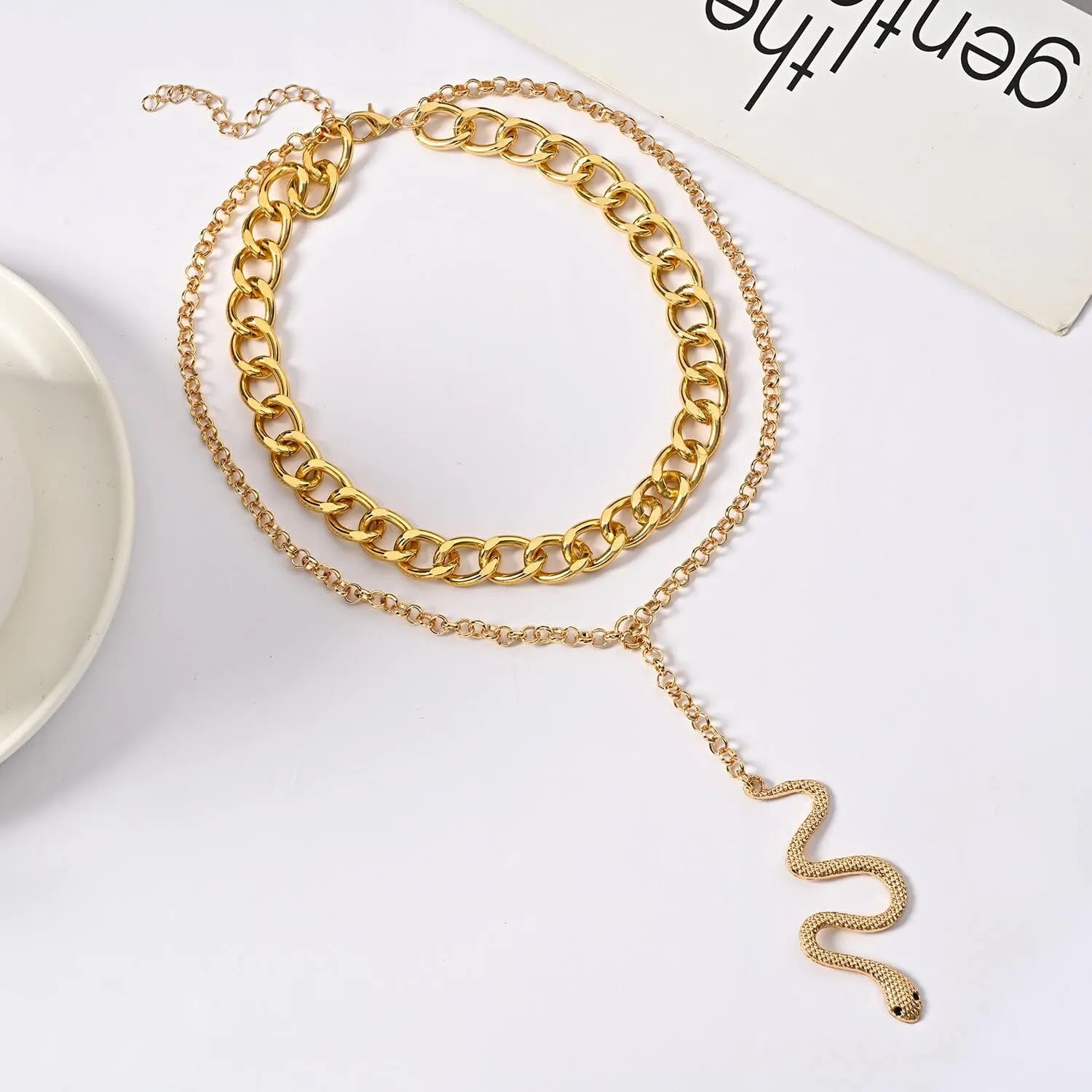 Gothic Snake Pendant Multilayered Punk Chunky Vintage Animal Necklace Bohemian Dainty Cuban Chain Statement Cool Choker Unisex Jewelry for Women Men