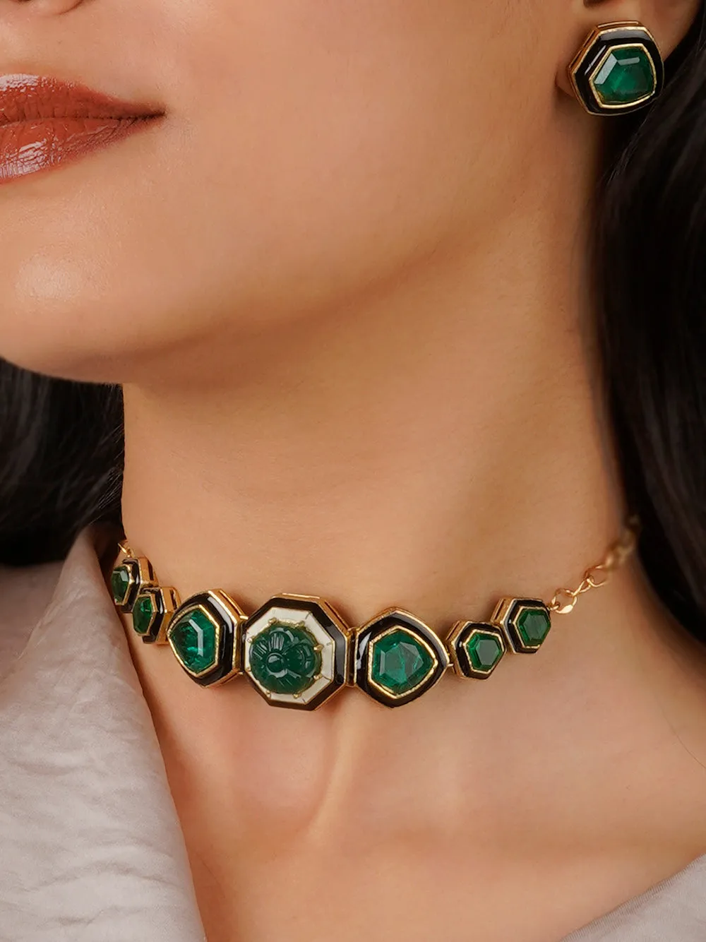 Green Color Gold Plated Contemporary Necklace Set - CC-S2GR
