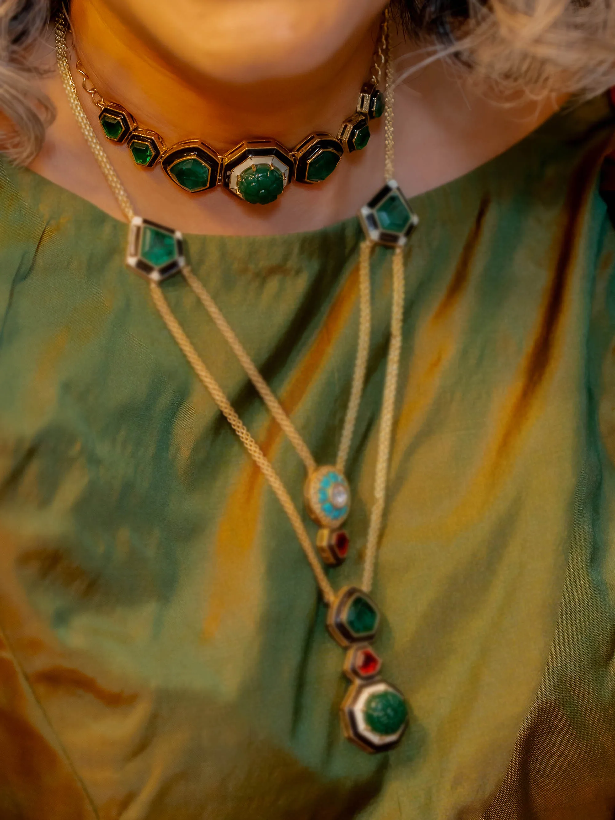 Green Color Gold Plated Contemporary Necklace Set - CC-S2GR