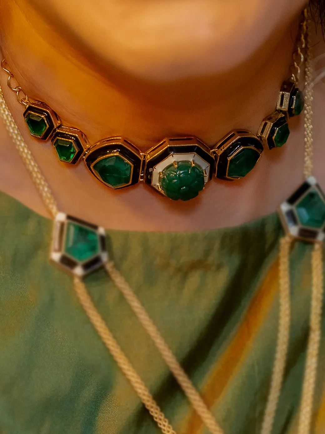 Green Color Gold Plated Contemporary Necklace Set - CC-S2GR