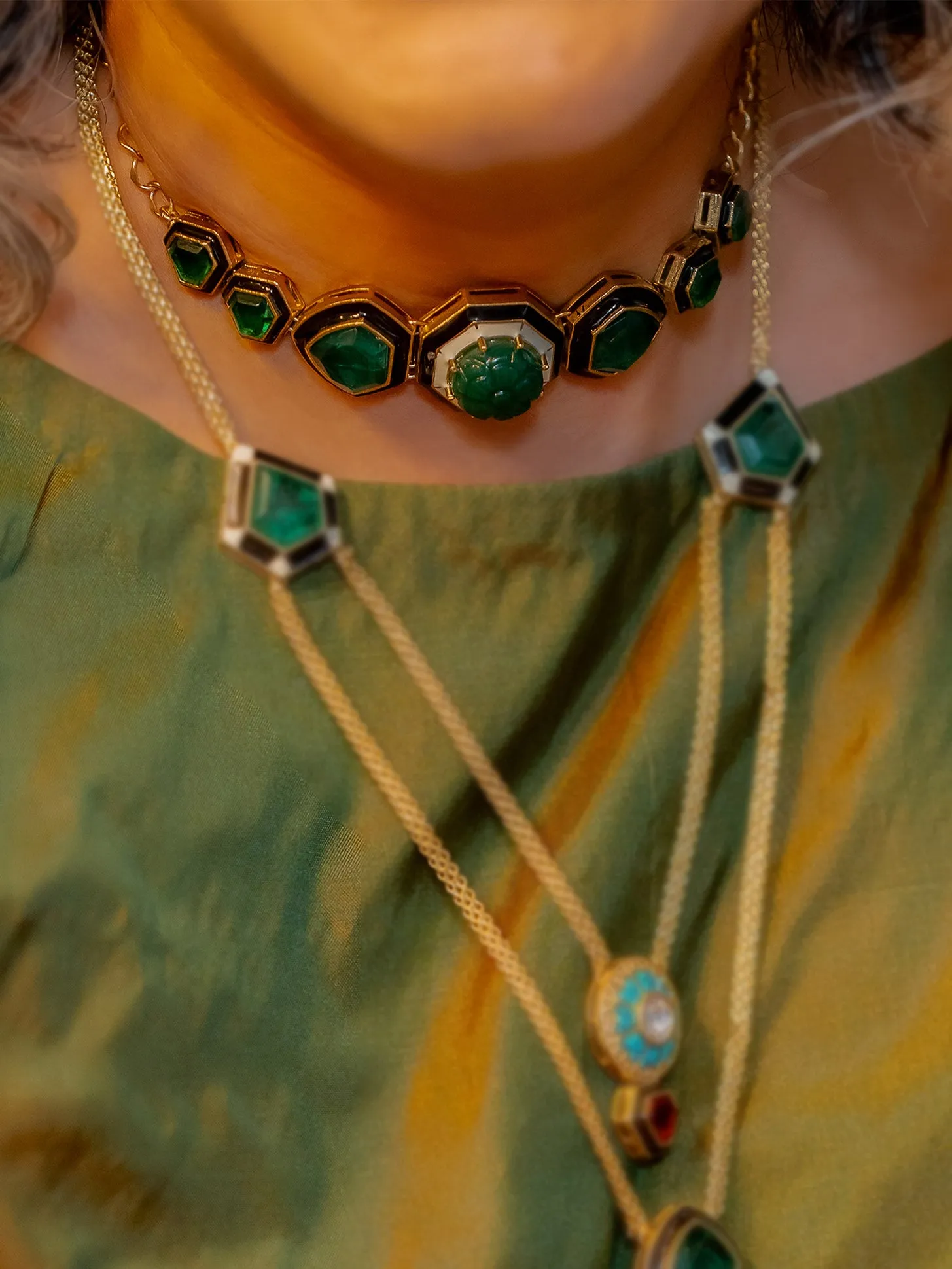Green Color Gold Plated Contemporary Necklace Set - CC-S2GR