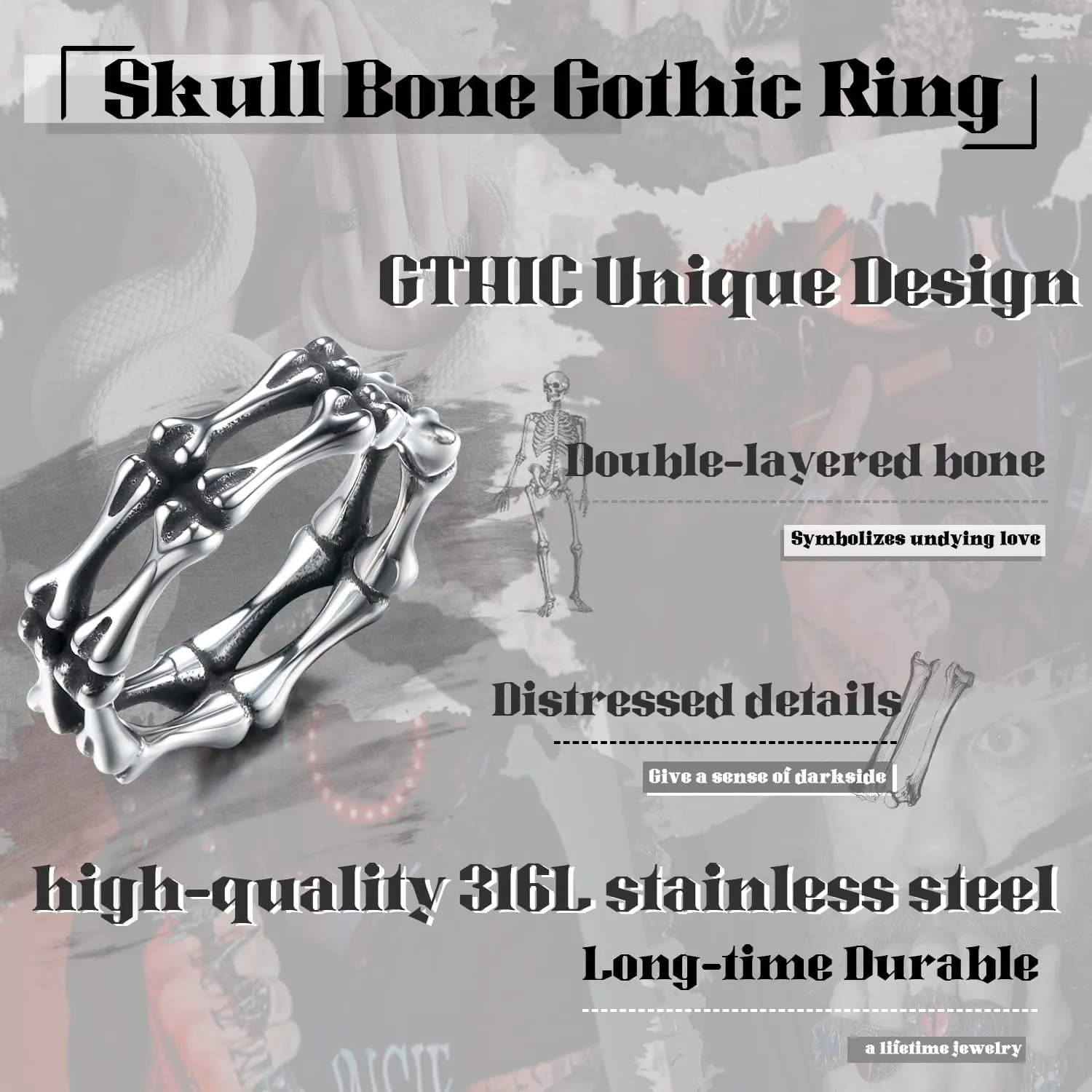 GTHIC Stainless Steel Skull Rings for Women Men Gothic Punk Bone Double Layer Band Rings Jewelry Statement Ring for Wedding Engagement Gift, Size 7-13