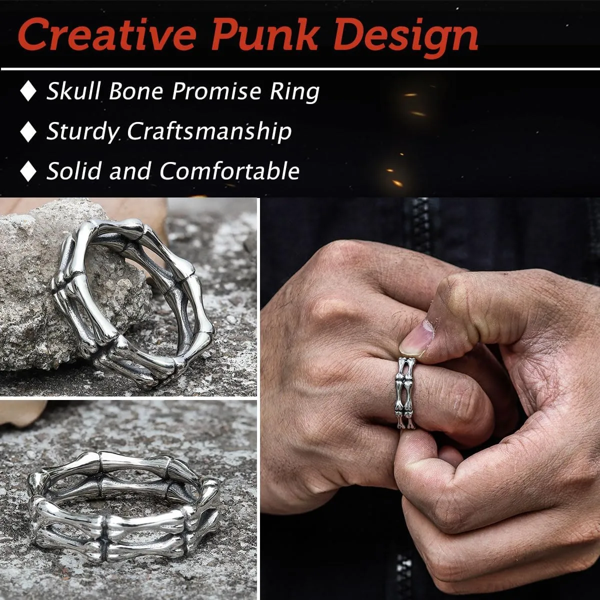 GTHIC Stainless Steel Skull Rings for Women Men Gothic Punk Bone Double Layer Band Rings Jewelry Statement Ring for Wedding Engagement Gift, Size 7-13