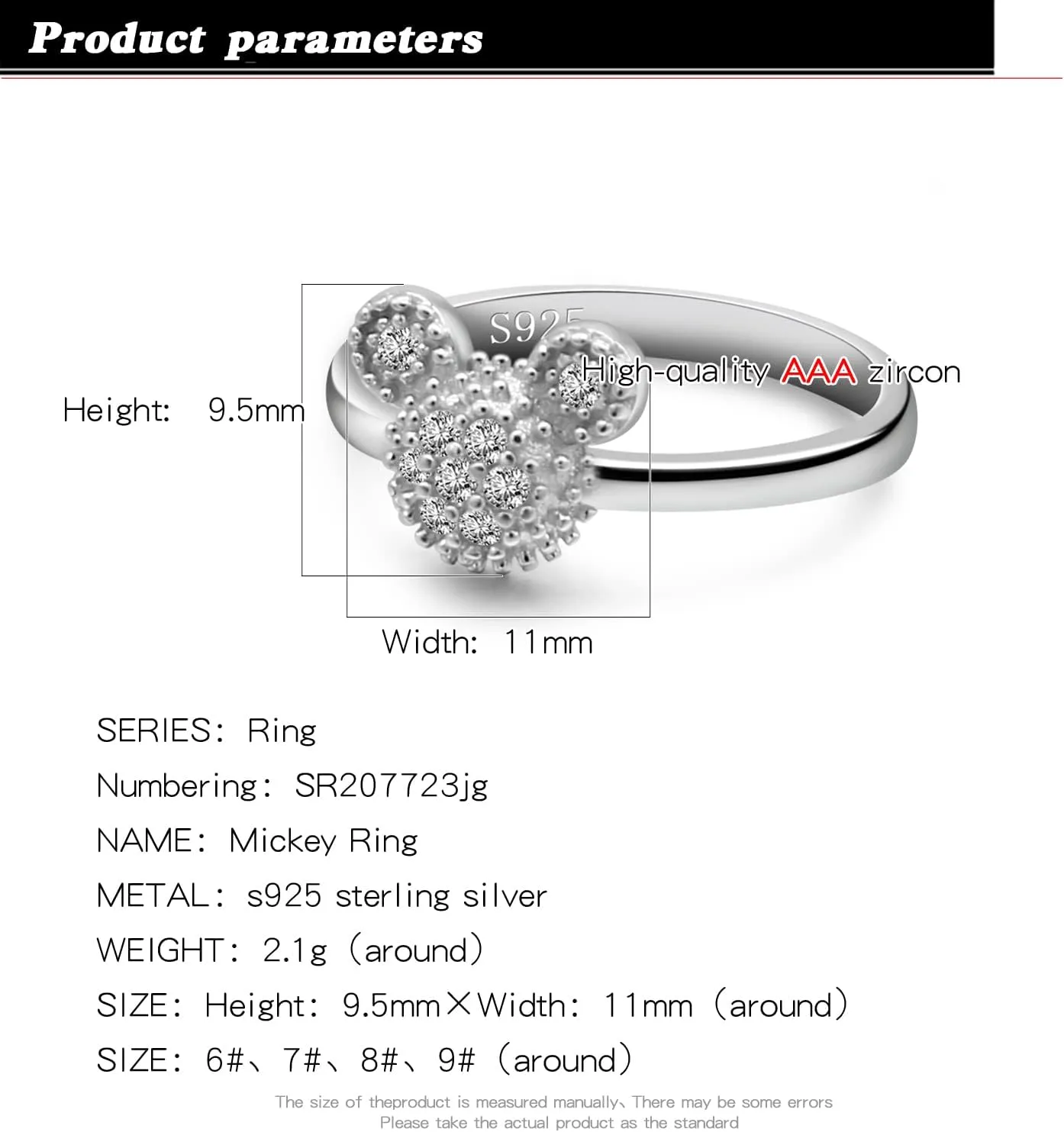 H&Beautimer 925 Sterling Silver Rings for Women-Cute Mickey Design Rings-Female Fine Jewelry-AAA CZ Wedding Rings 3-4-5-6-7-8-9#-Handmade in Italy