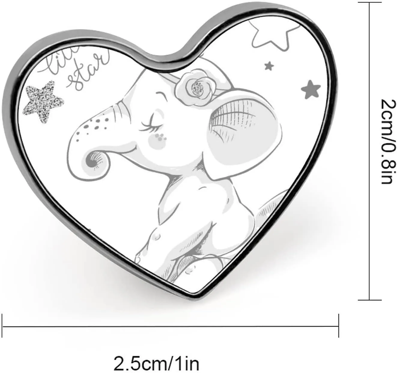 Hand Drawn Cute Cartoon Elephant Ballerina Girl Flower Star on White Heart Badge Smooth Surface Lapel Tie Pin, Lightweight Badge for Women Men Office Worker Nurse Teacher Student Shirts Backpack
