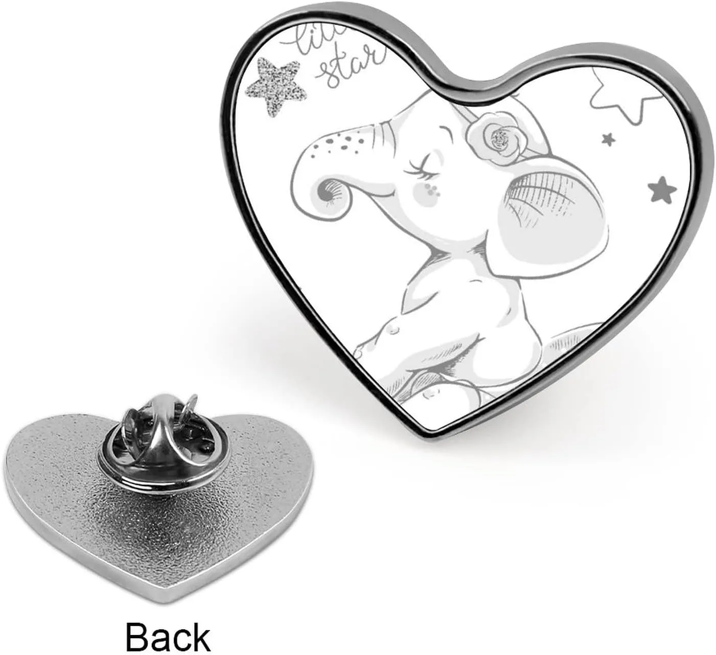 Hand Drawn Cute Cartoon Elephant Ballerina Girl Flower Star on White Heart Badge Smooth Surface Lapel Tie Pin, Lightweight Badge for Women Men Office Worker Nurse Teacher Student Shirts Backpack