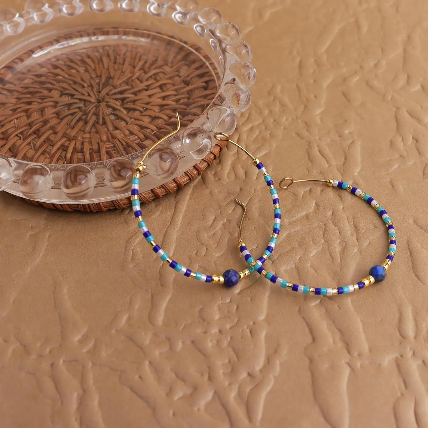 Handmade Boho Beaded Gold Hoop Earrings for Women, Statement Colorful Mixed Bohemian Stone Beads Circle Hoops Cartilage Hypoallergenic Prom Holiday Jewelry Gift