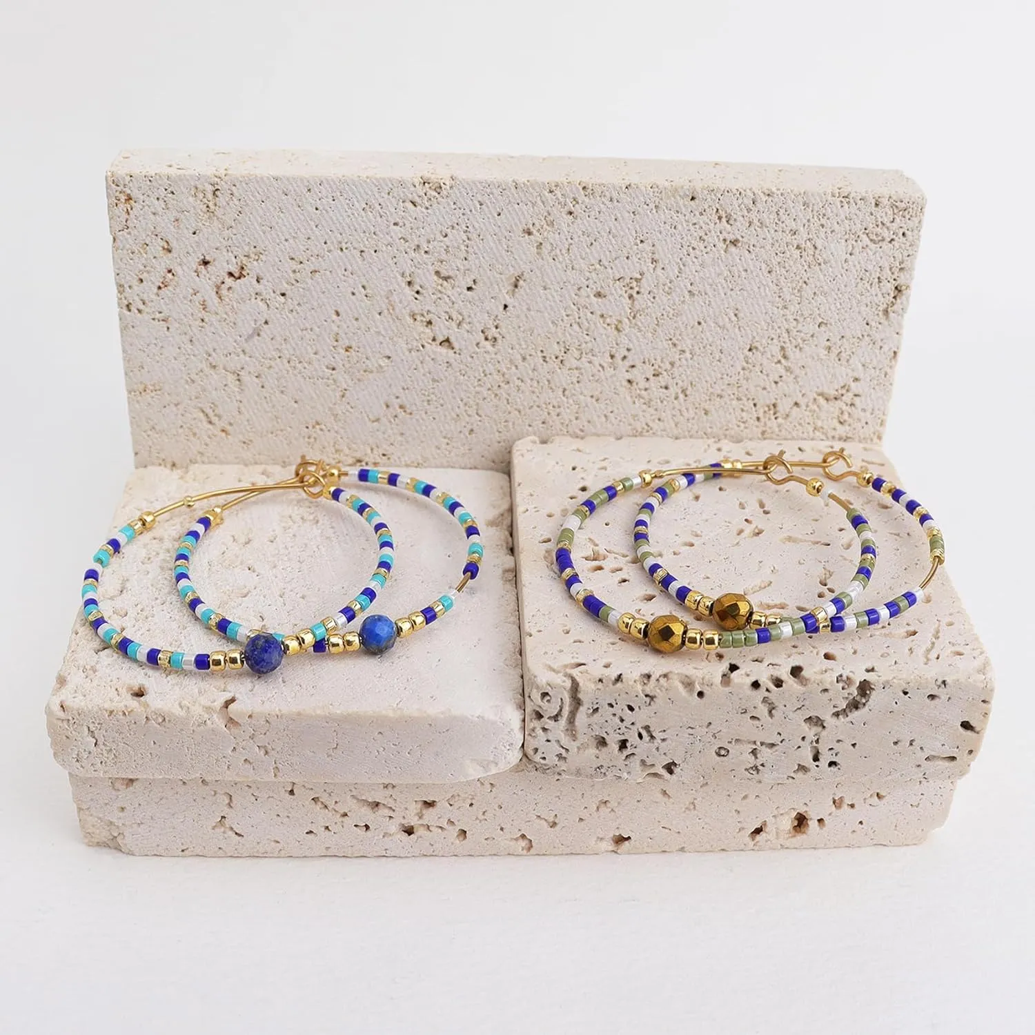 Handmade Boho Beaded Gold Hoop Earrings for Women, Statement Colorful Mixed Bohemian Stone Beads Circle Hoops Cartilage Hypoallergenic Prom Holiday Jewelry Gift
