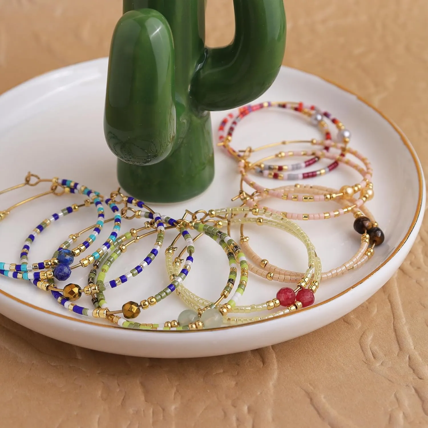 Handmade Boho Beaded Gold Hoop Earrings for Women, Statement Colorful Mixed Bohemian Stone Beads Circle Hoops Cartilage Hypoallergenic Prom Holiday Jewelry Gift