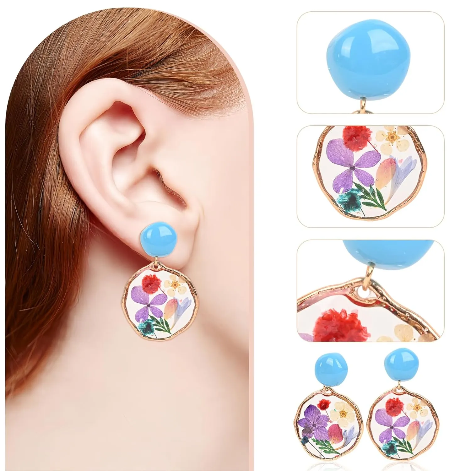Handmade Pressed Flower Earrings - Unique Real Flower Resin Earrings, Elegant Floral Jewelry, Unique Resin Drop Dangle Plant Earrings,Vintage Design, Perfect Nature-Inspired Gift for Women and Girls