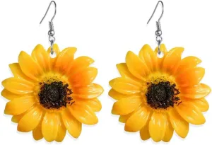 Handmade Resin Sunflower Dangle Drop Earrings for Women,Vintage Yellow Flower Hook Earring Cute Elegant Boho Jewelry