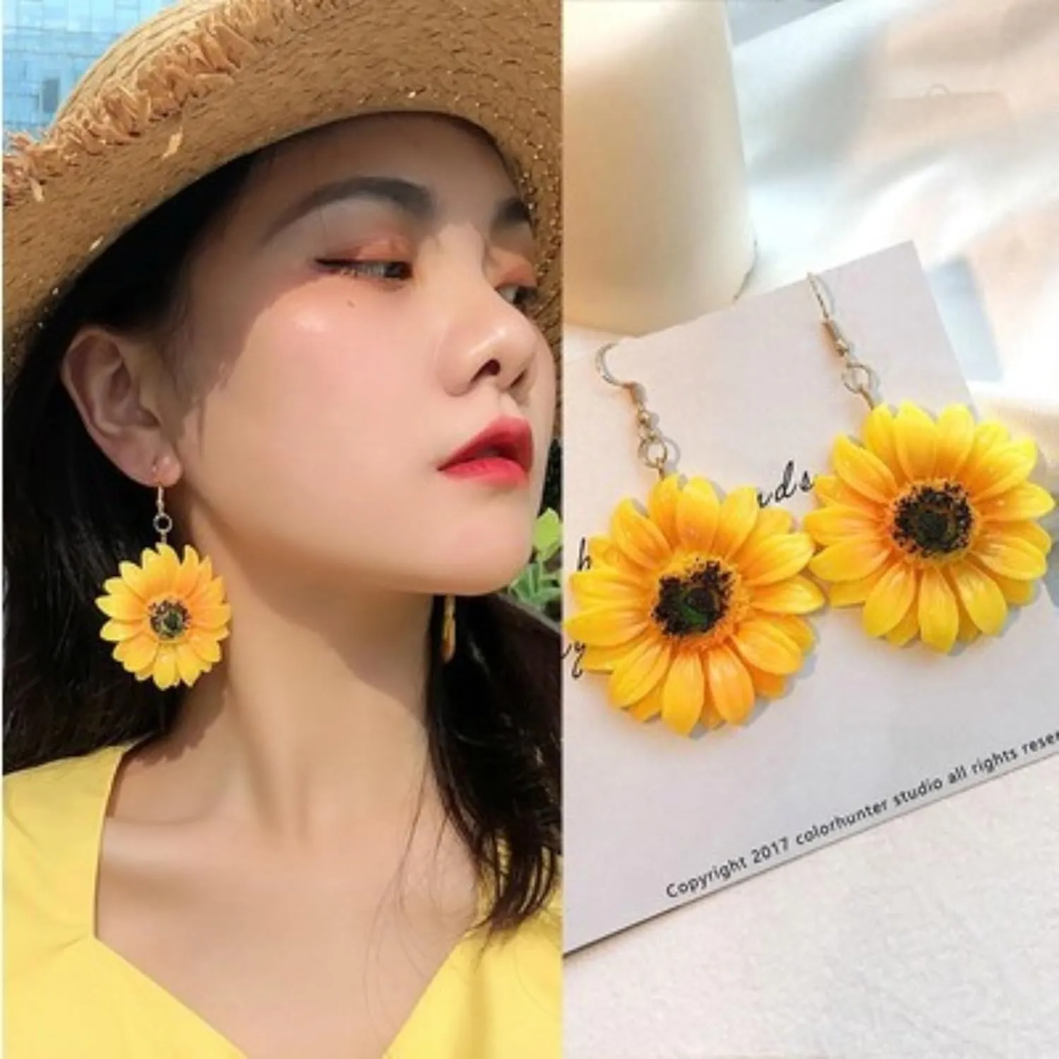 Handmade Resin Sunflower Dangle Drop Earrings for Women,Vintage Yellow Flower Hook Earring Cute Elegant Boho Jewelry