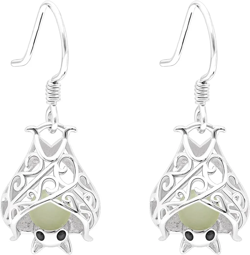 Hanging Bat Glow In The Dark Dangle Earrings for Women by Ginger Lyne Gothic Sterling Silver Jewelry for Her Illuminates From Charging In Sun Or Light